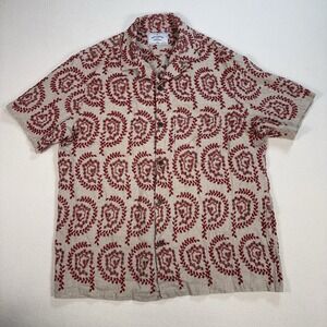 Portuguese Flannel Tapestry Linen Shirt Men's XL Khaki Red Floral‎ Loop Collar